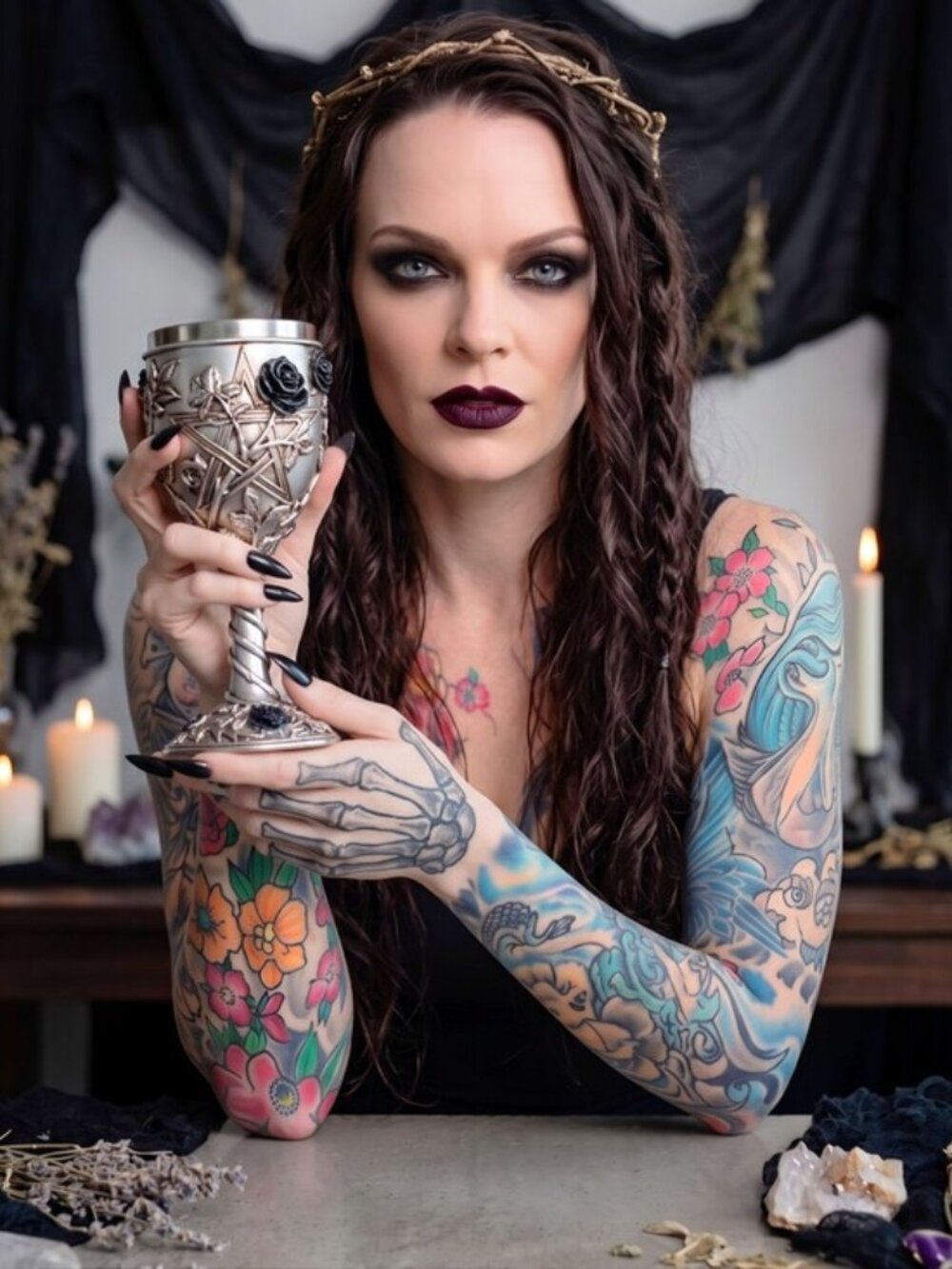 Alchemy Gothic Rose Pentagram Goblet Silver Black Chalice Altar Decor Sz OS NEW